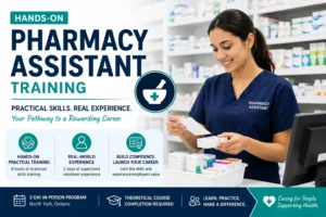 Hands-On Pharmacy Assistant Training course in North York, Ontario featuring practical pharmacy workflow, Fillware software training, and supervised in-person experience.
