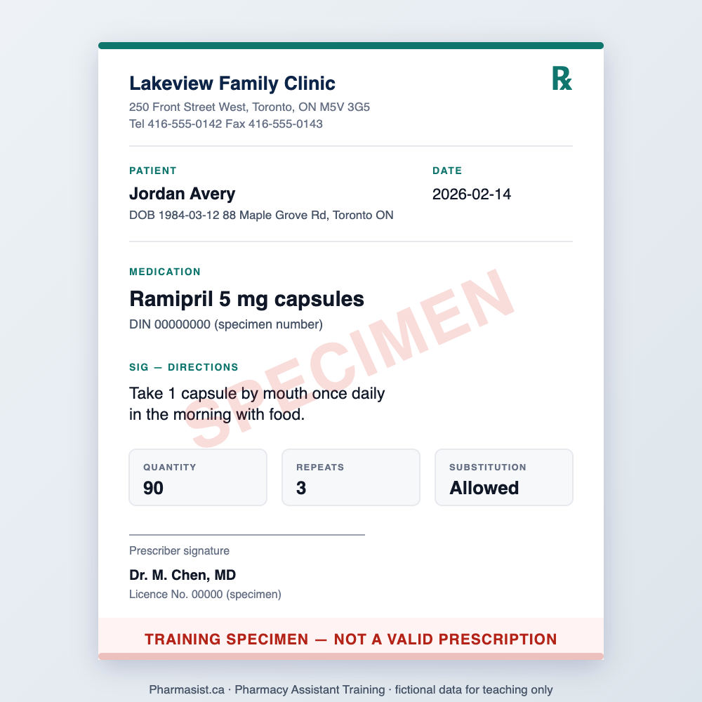 Sample Canadian prescription specimen showing patient, prescriber, medication, DIN, directions, quantity and repeats